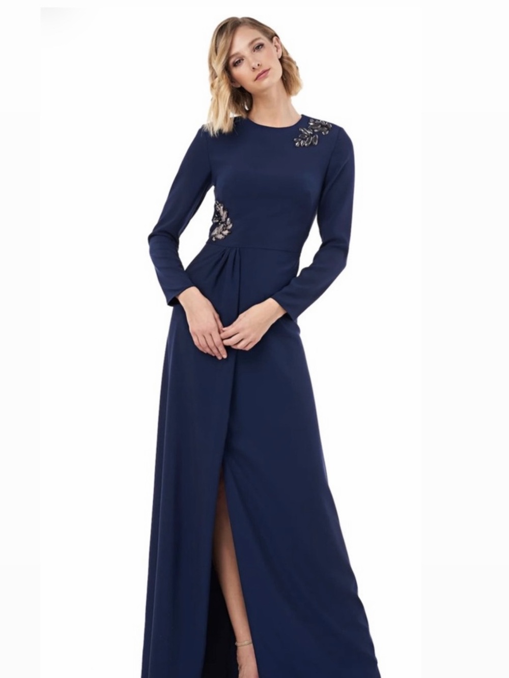 Kay Unger Navy Long Sleeve BETHANY Gown with Embellishments